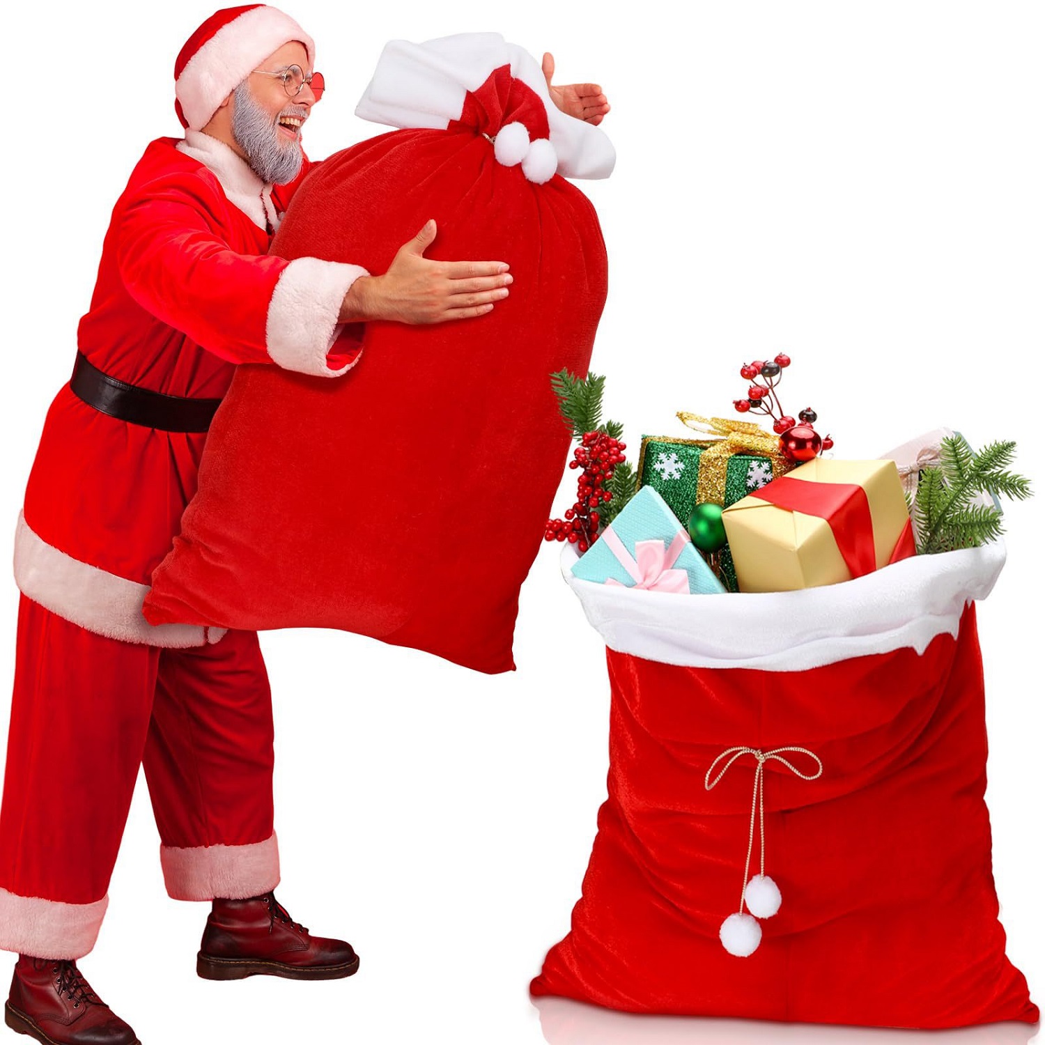 Luxury Xmas Bags - ถุงของขวัญกำมะหยี่ลายซานต้าคริสต์มาสแบบจัมโบ้สุดหรูพร้อมเชือกผูก สำหรับห่อของขวัญคริสต์มาส ของเล่น และชุดซานต้า