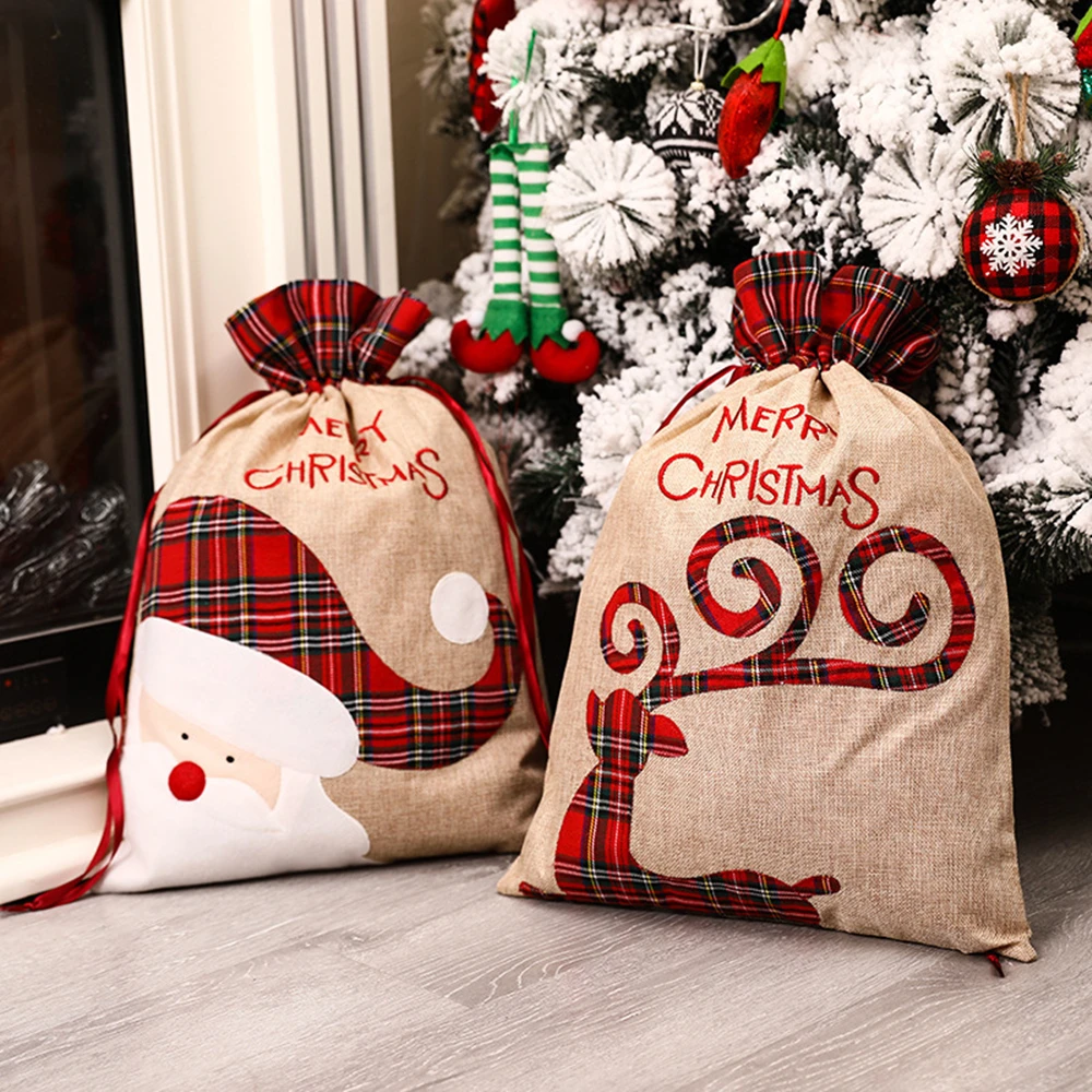Luxury Xmas Bags - ถุงของขวัญคริสต์มาสขนาดใหญ่ ถุงผ้าลินินอย่างดีแบบมีเชือกผูก ของตกแต่งคริสต์มาส ของประดับตกแต่งเทศกาลคริสต์มาส
