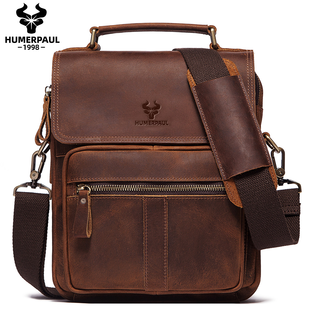 Luxury Bags Outlet - HUMERPAUL ของแท้หนังผู้ชายกระเป๋าสะพายทํางานธุรกิจ Messenger กระเป๋าแฟชั่นชาย Crossbody พร้อมสายรัดปรับระดับได้
