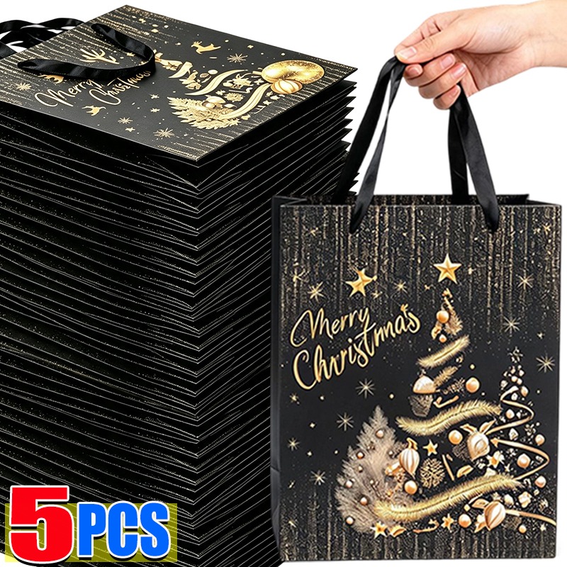 Luxury Xmas Bags - 1/5 ชิ้น ถุงของขวัญคริสต์มาสสีดำทอง ถุงกระดาษหรูหราพร้อมหูจับริบบิ้น สำหรับห่อของขวัญคริสต์มาสอย่างมีสไตล์ เหมาะสำหรับตกแต่งของขวัญในช่วงเทศกาล